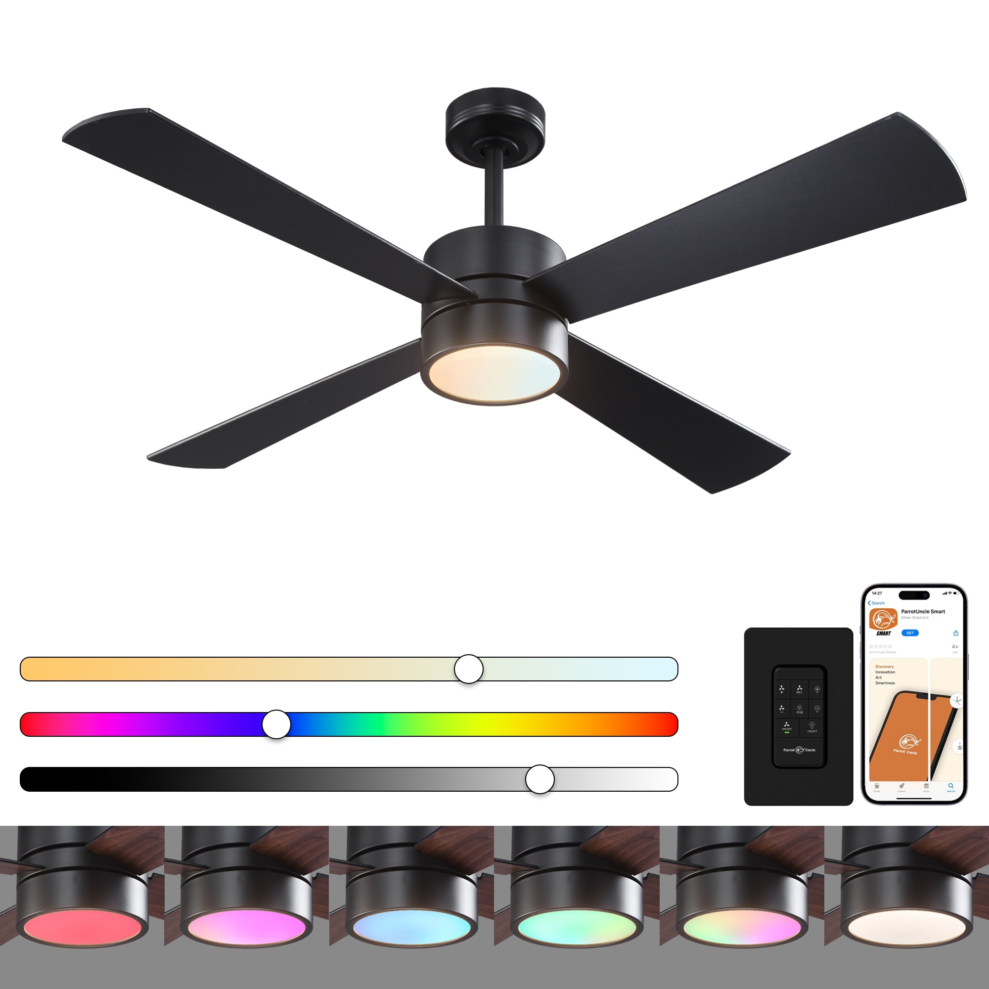 52" Black/ Distressed Brass Dimmable RGB Smart Ceiling Fan with Light and Remote, App Control