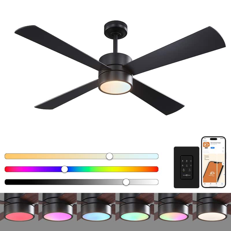 52" Black/ Distressed Brass Dimmable RGB Smart Ceiling Fan with Light and Remote, App Control