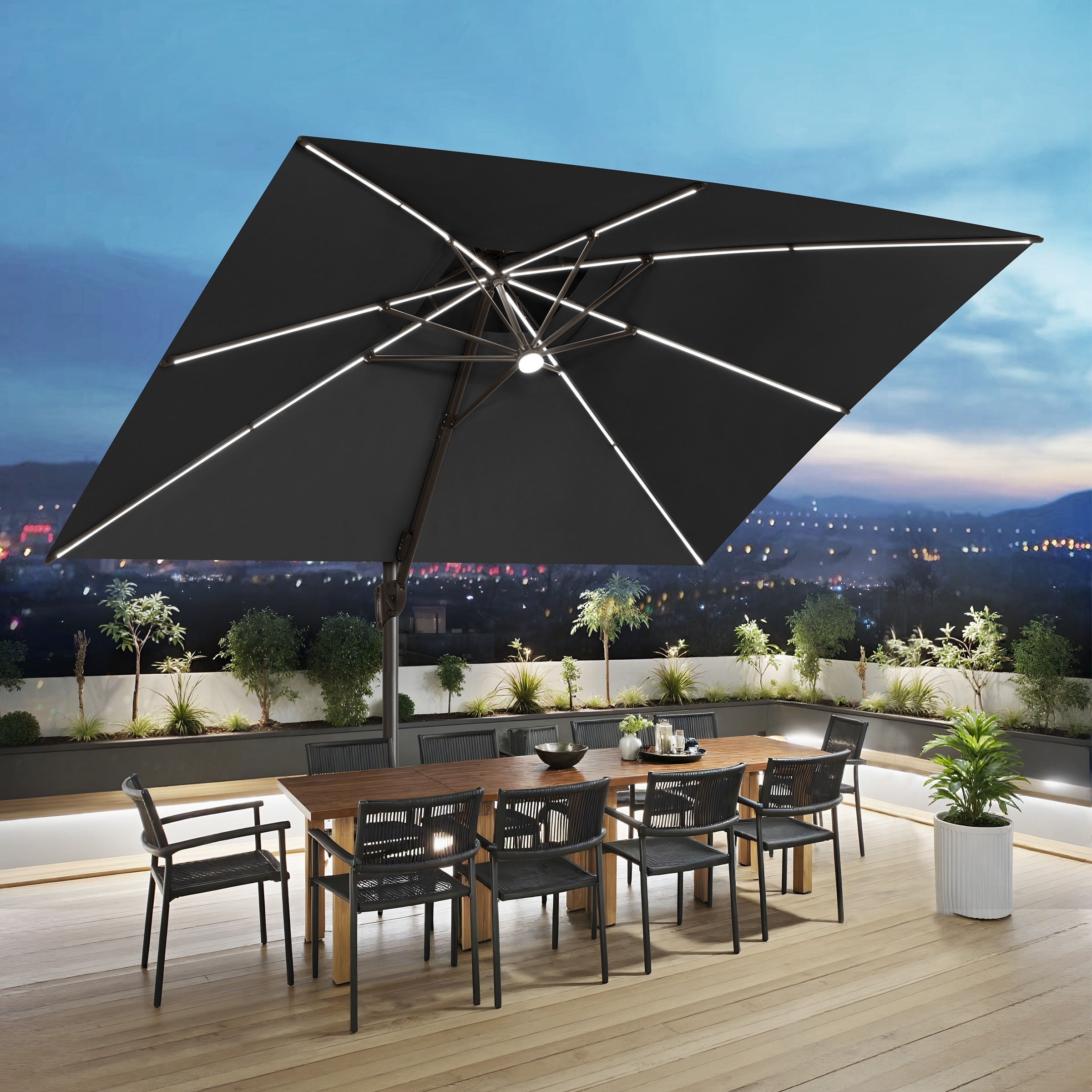 10 X 13 FT Outdoor Patio Cantilever Umbrella with Solar Lights Double Canopy 360 RotationTilt
