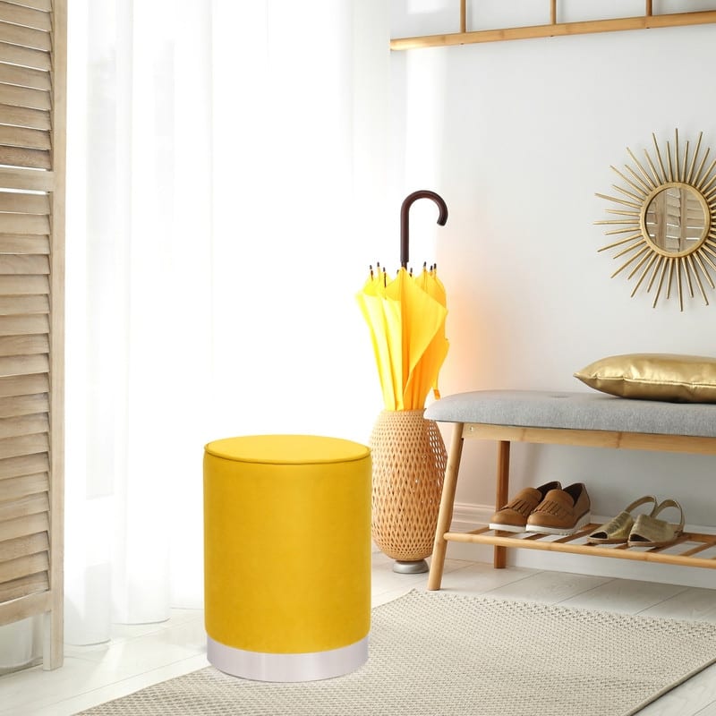 Adeco Round Ottoman Footstool Velvet Padded Vanity Stool Silver Trim