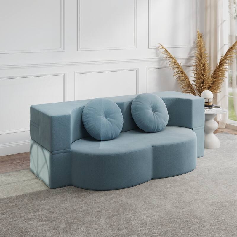 Modern Floor Sofa with 2 Pillows,Convertible Plush Corduroy Foam-Filled Sleeper Sofa Bed