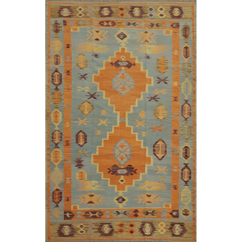 Hand Woven Southwestern Wool Blue Geometric Area Rug - 8' 11'' X 5' 8''