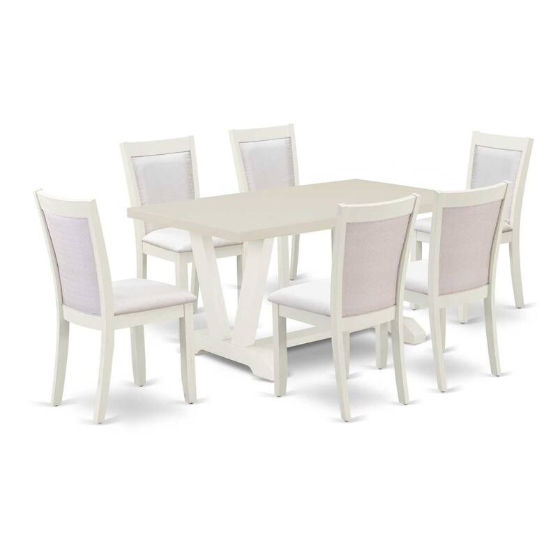 HomeStock 7-Piece Rectangle Wire Brushed Linen White Finish Solid Wood Top Dining Table with 6 Chairs