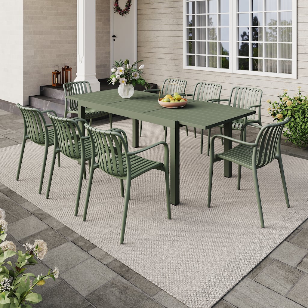 Outdoor Dining Set 9-Piece Stackable Plastic Lightweight Dining Armchair and Extendable Dining Table