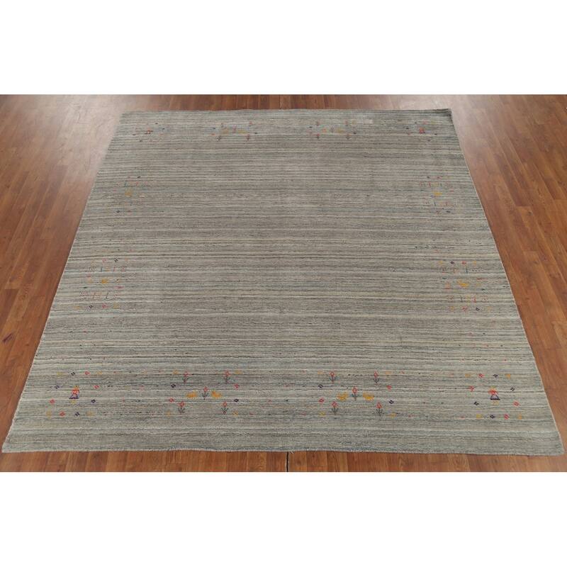 Striped Gray Gabbeh Oriental Square Area Rug Hand-Knotted Wool Carpet - 7'10"x 7'10"