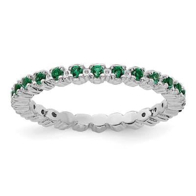 Curata 925 Sterling Silver Polished Prong set Patterned Stackable Expressions Created Emerald Ring
