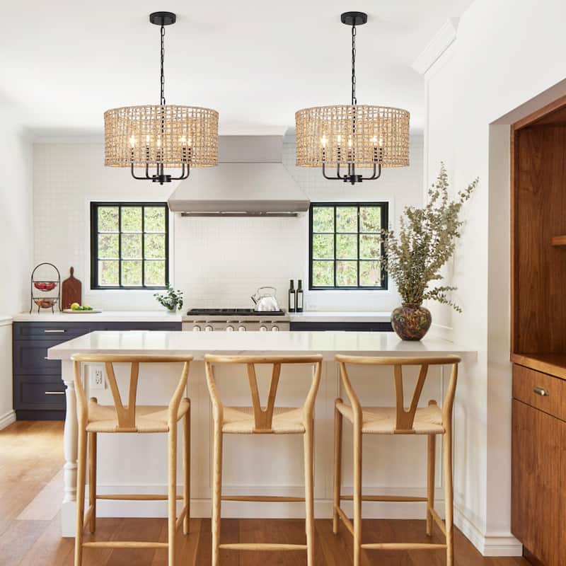 5 - Light Dimmable Drum Chandelier Natural Rattan Bohemian & Coastal Pendant - 18.9 in
