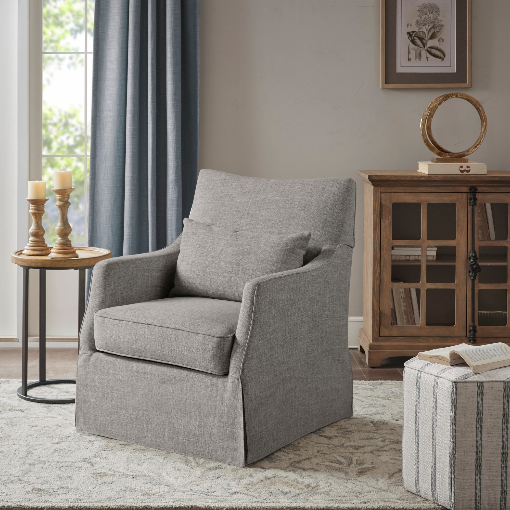 Martha Stewart London Upholstered Skirted Swivel Armchair with Lumbar Pillow Bed Bath Beyond 29126407