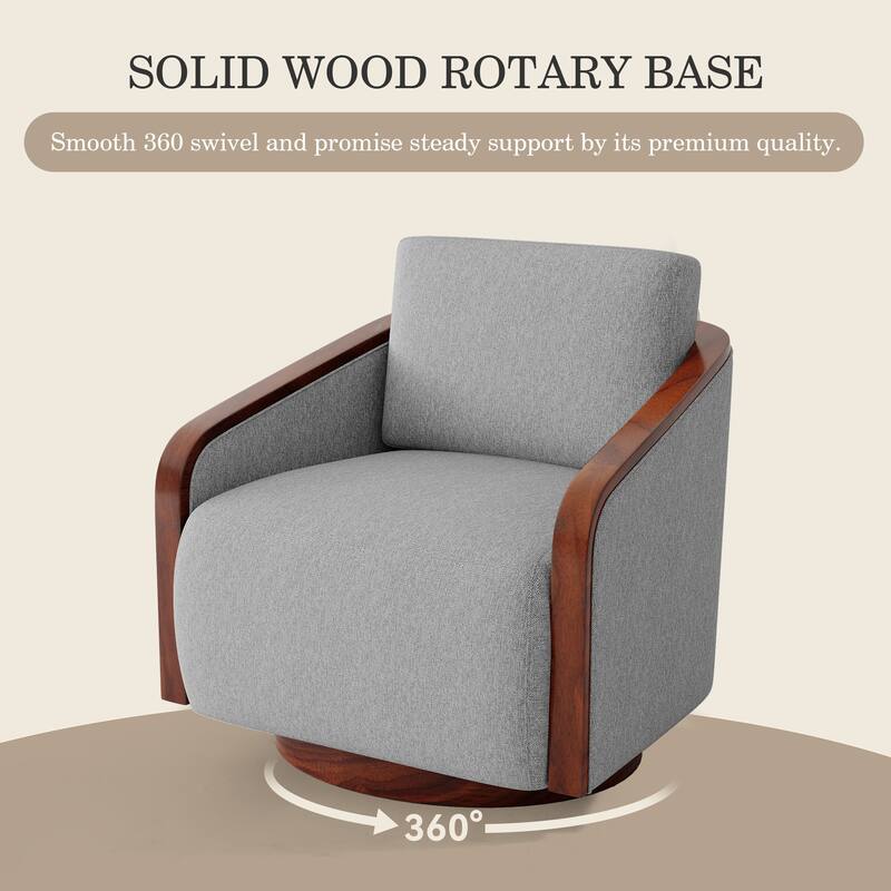 Upholstered Swivel Barrel Chair with Curved Wood Arms