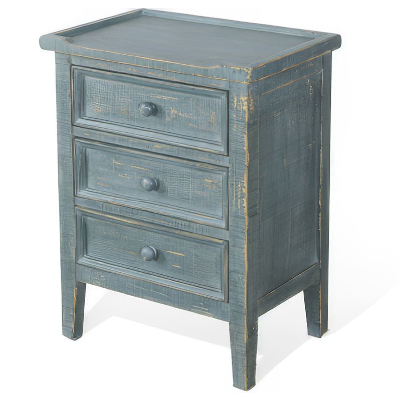 Rena Side End Table with 3 Drawers, 19 Inch Rustic Green Mahogany Wood