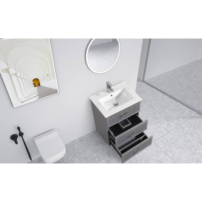 30" Freestanding Bathroom Vanity with Ceramic Sink and 2 Storage Drawers, Stylish Gray Floor Cabinet