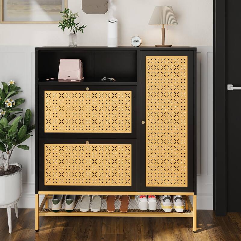 AECOJOY Shoe Storage Cabinet with 2 Flip Drawers with Door & Open Storage - 10.2"D x 43.3"W x 50"H