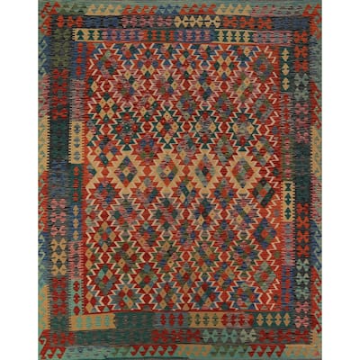 Kilim Oriental Area Rug Hand-Woven Geometric Wool Carpet - 8'3"x 9'8"