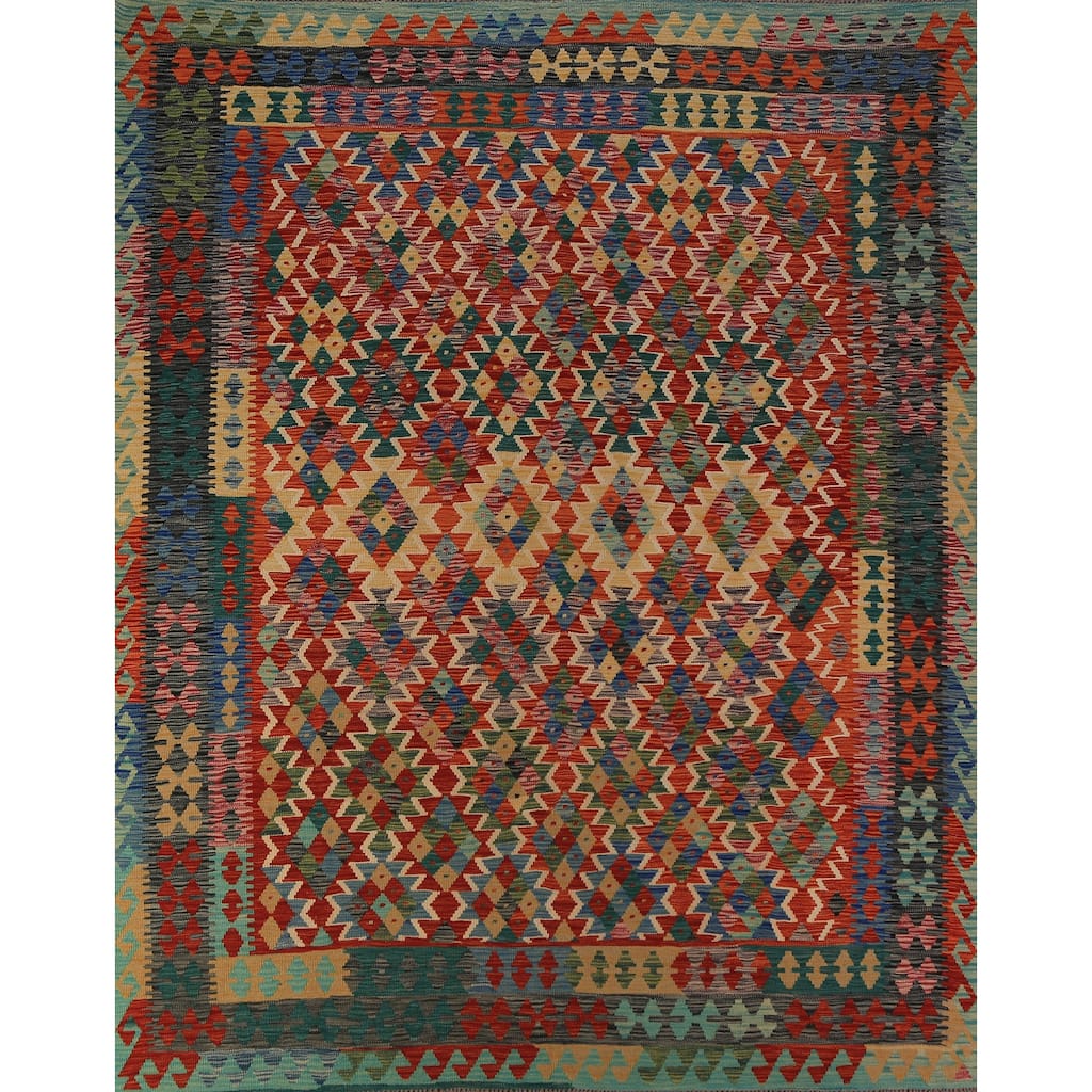 Kilim Oriental Area Rug Hand-Woven Geometric Wool Carpet - 8'3"x 9'8"