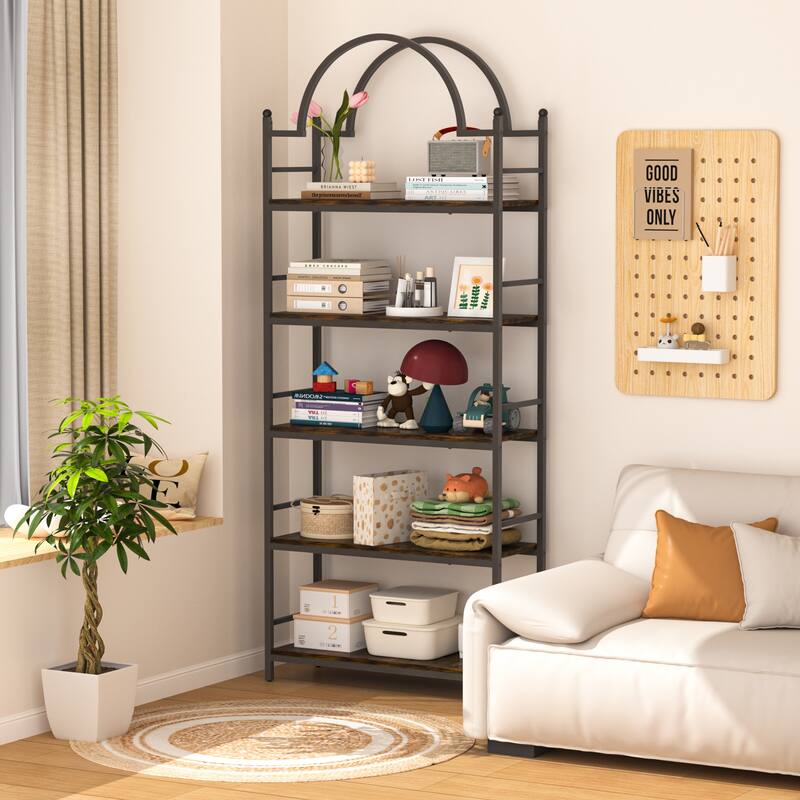 5-tier Bookcase Stand Metal Wood Structure - 30 in. W X 10 in. D X 77 in. H