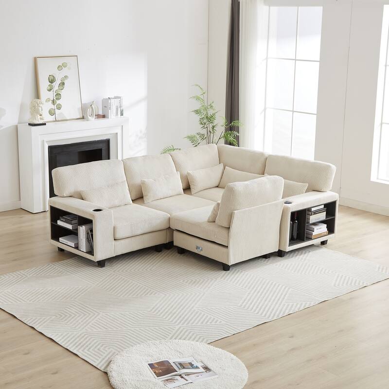 102.75" Corduroy L-Shaped Modular Sectional Sofa with Storage