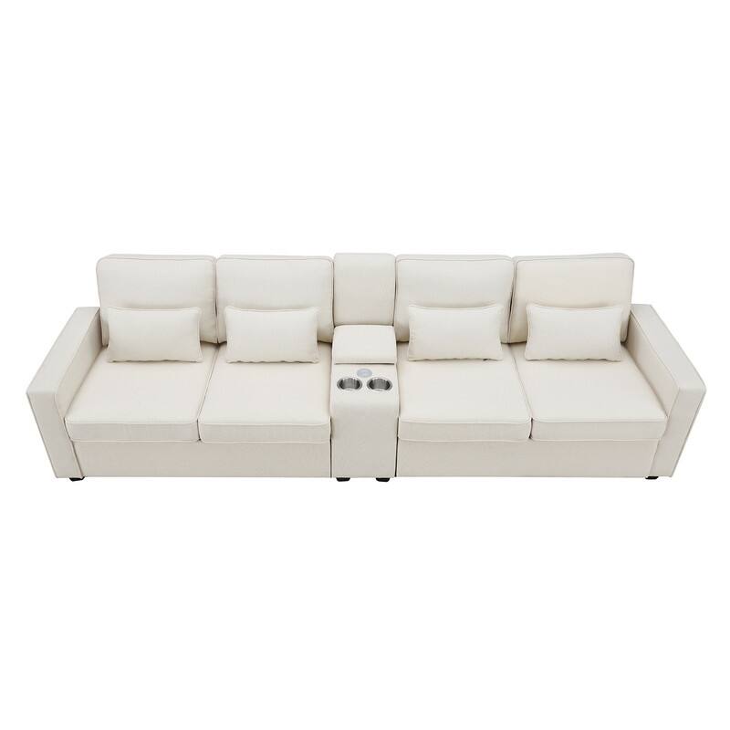 114.2" Upholstered with console, 2 cup holders and USB port (wired or wireless charging) with 4 pillows