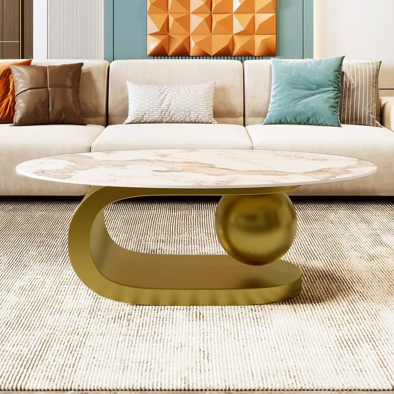 47.2" Modern Oval Coffee Table with Marble Pattern Top and Gold Stainless Steel Base