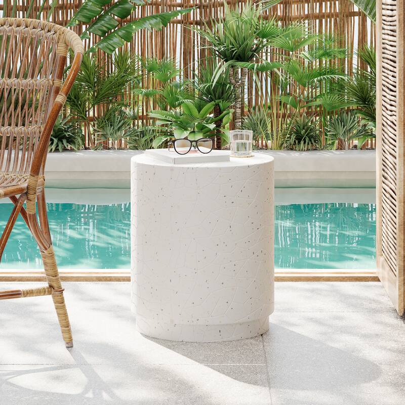 Roomfitters Outdoor Drum End Table, Modern Round Accent Table for Patio, Balcony or Living Room, White - White