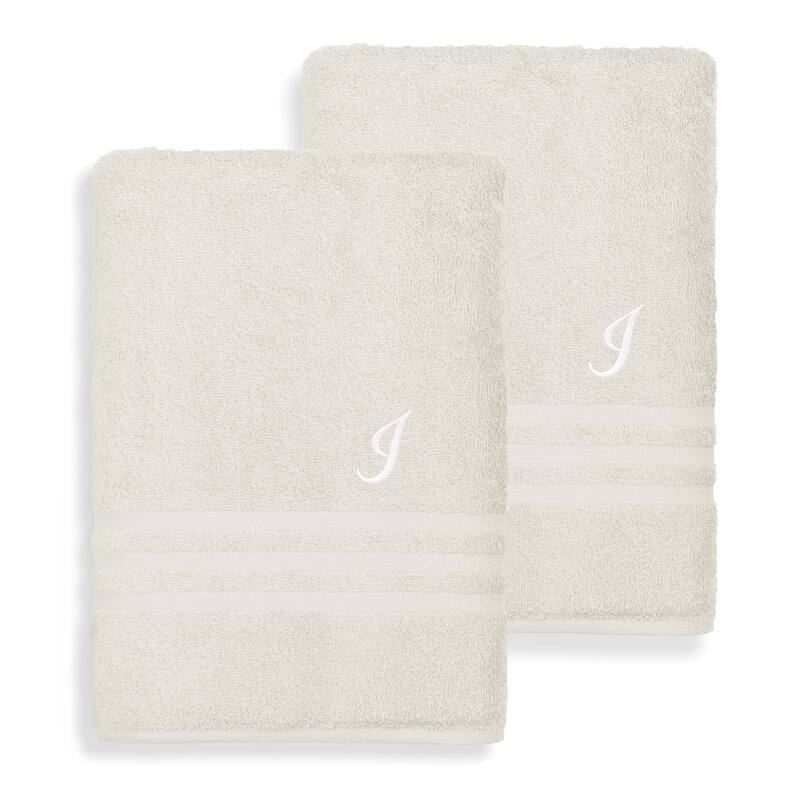 Authentic Hotel and Spa Omni Turkish Cotton Terry Set of 2 Cream Bath Towels with White Script Monogrammed Initial - I