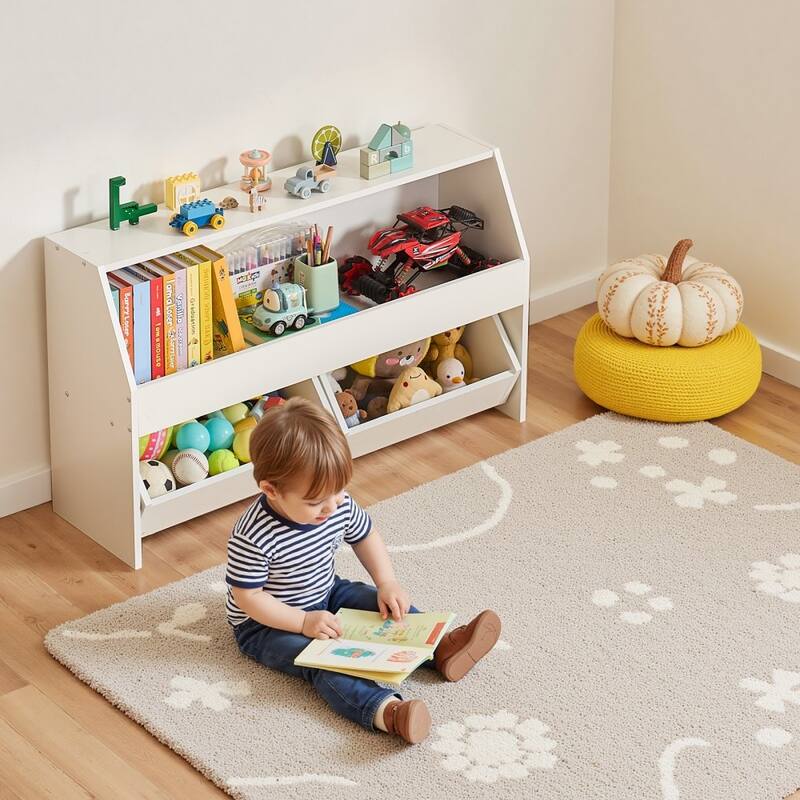 White Wooden Toy Storage Organizer with 3 Compartments and Top Shelf - 40.16 x 11.69 x 23.62 in/