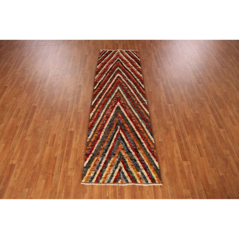 Chevron Style Multi-Color Moroccan Runner Rug Handmade Wool Carpet - 3'0" x 9'7"