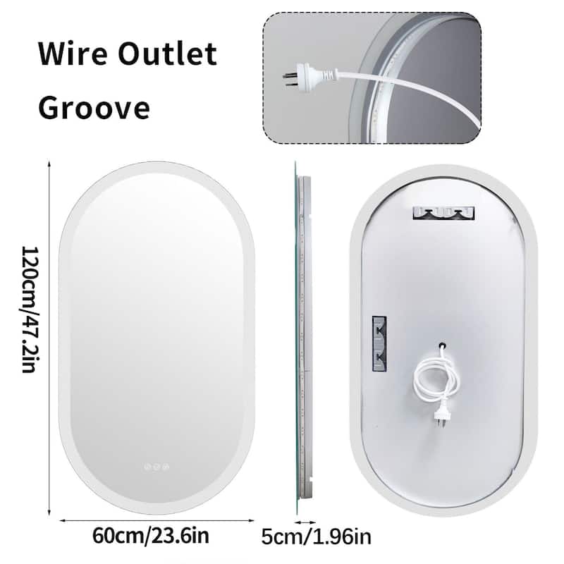Oval Led Wall Bathroom Mirror Illuminated Backlit 3 Lights Anti-fog