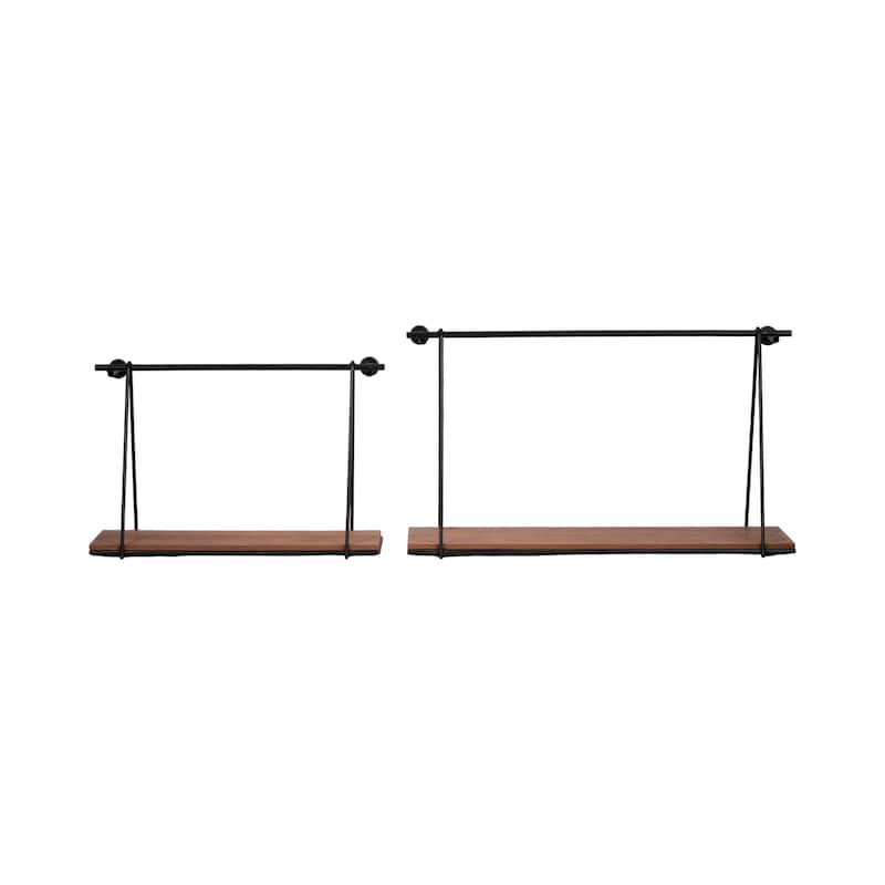 Set of 2 Wall Shelves 12" and 14" Brown and Black Wood and Metal Rustic Floating Swing Wall Shelves Mounted - 24" x 7" x 14" - Brown - 24" x 7" x 14"