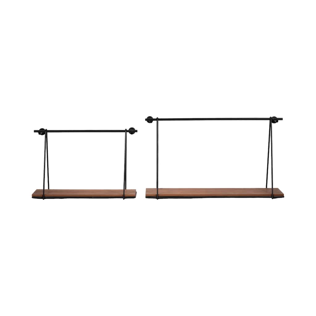 Set of 2 Wall Shelves 12" and 14" Brown and Black Wood and Metal Rustic Floating Swing Wall Shelves Mounted - 24" x 7" x 14"