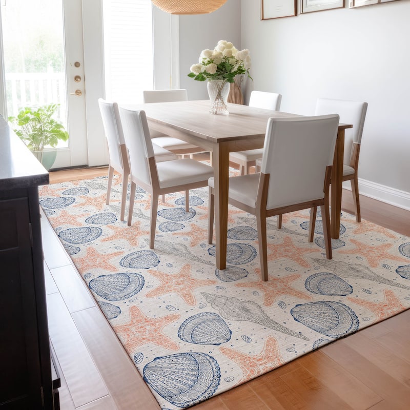 Premium Washable Super Soft Starfish Seashells Coastal Mayfield Rug