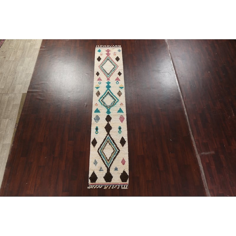 Tribal Geometric Moroccan Oriental Runner Rug Wool Hand-knotted Carpet - 2'6" x 12'8"
