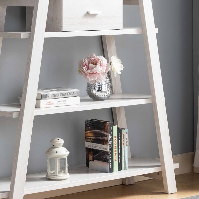 Modern Home Display Cabinet 4- Tier Open Shelving with Center Drawer for Living Room, Entryway, Bedroom