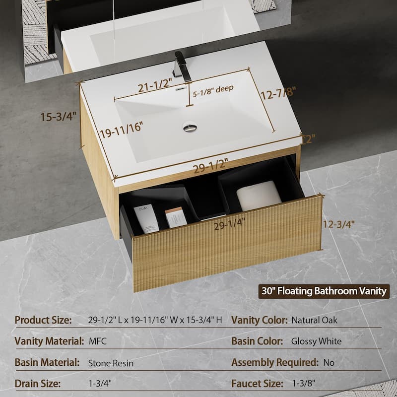 GDFStudio - Hudson 30-Inch Floating Bathroom Vanity with Solid Surface Basin and Fluted Storage Drawer