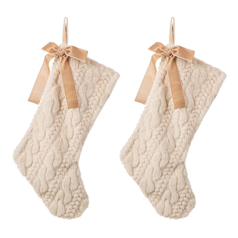 Glitzhome 21"L Plush Faux Fur Christmas Stocking with Bow & Tree Skirt - 2PK Faux Marten Fur