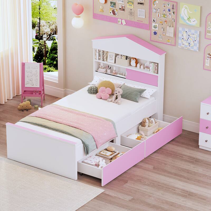 Twin Size House-Shaped Wooden Bed with Storage Shelf on the Headboard, Built-in Two Storage Drawers, Brown - Pink