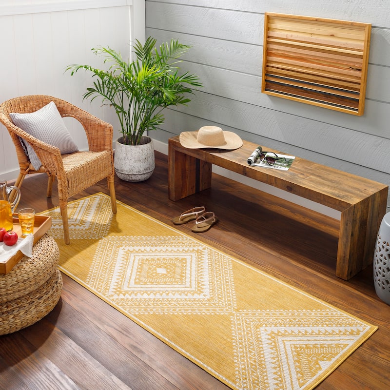 Livabliss Searia Indoor/ Outdoor Boho Diamond Area Rug - 2'7" x 7'3" Runner. - Yellow