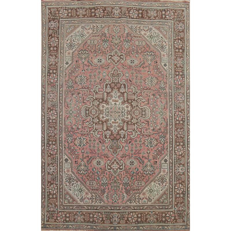 Geometric Tabriz Persian Vintage Area Rug Handmade Pink Wool Carpet - 6'5"x 9'8"