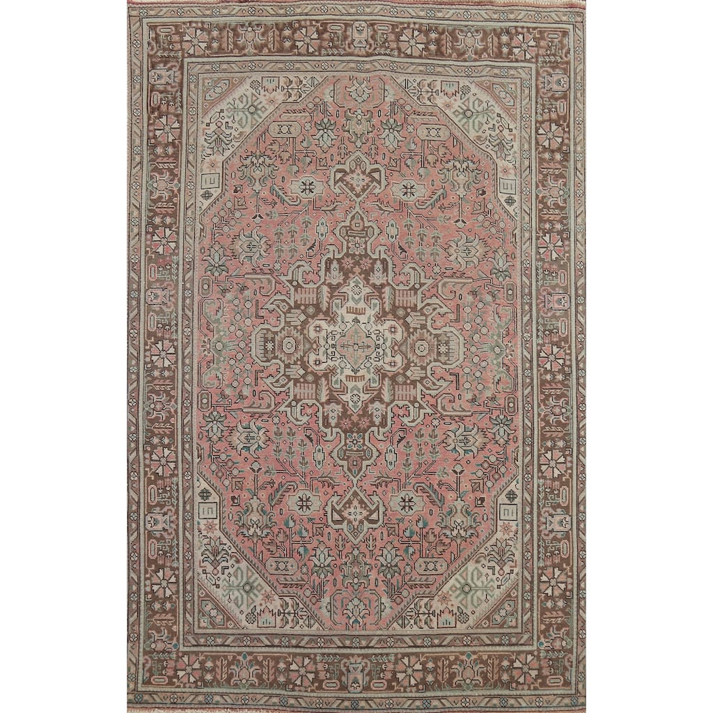 Geometric Tabriz Persian Vintage Area Rug Handmade Pink Wool Carpet - 6'5"x 9'8"