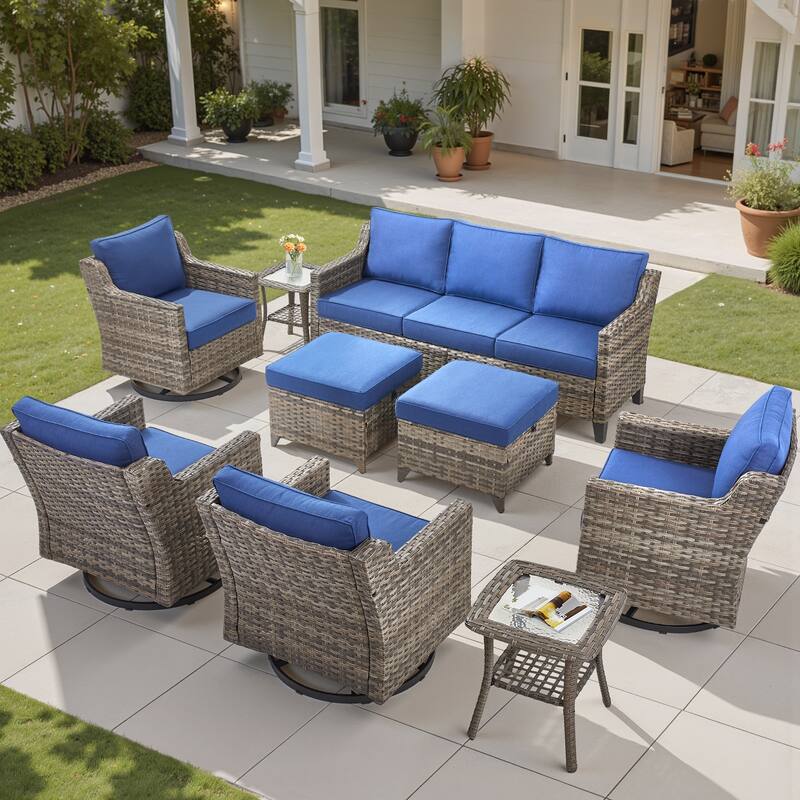 Pocassy Wicker Patio Sofa Glider Swivel Chair Ottoman Furniture Set. - Blue Cushion Gray Wicker - 9-Piece Sofa Ottoman w/ Swivel Chair Table Set