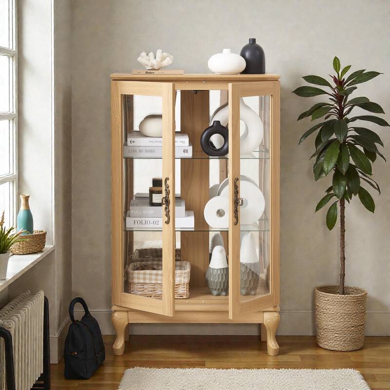 Lighted Curio Cabinet with Tempered Glass Doors, Vintage Display Cabinet with Mirrored Back and Adjustable Shelves