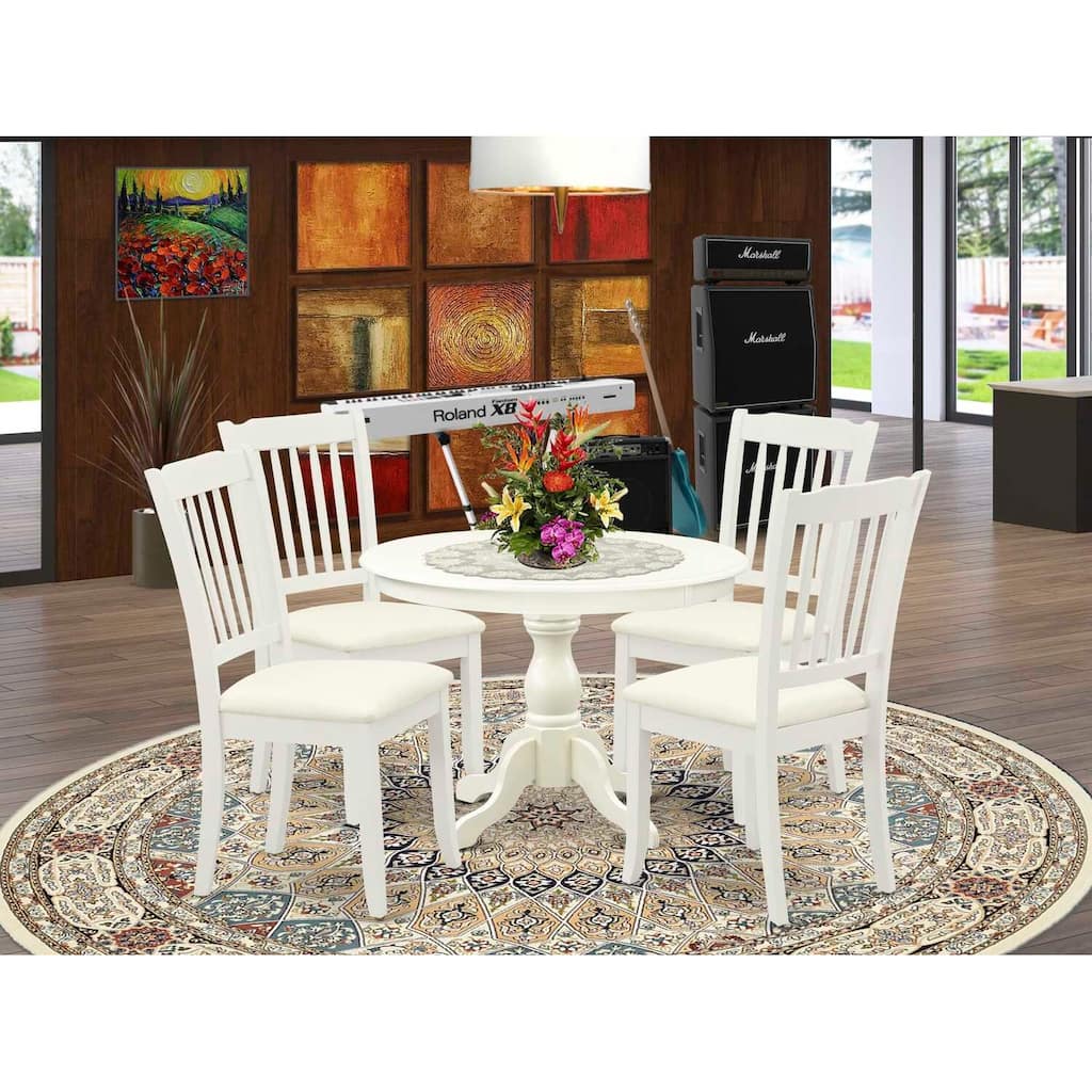 HomeStock 5-Piece Round Linen White Finish Solid Wood Top Dining table with 4-Chairs with Slat Back