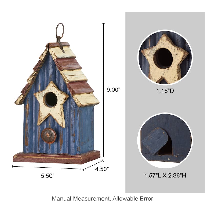 Glitzhome Wooden Patriotic Distressed Garden Birdhouse with Stars