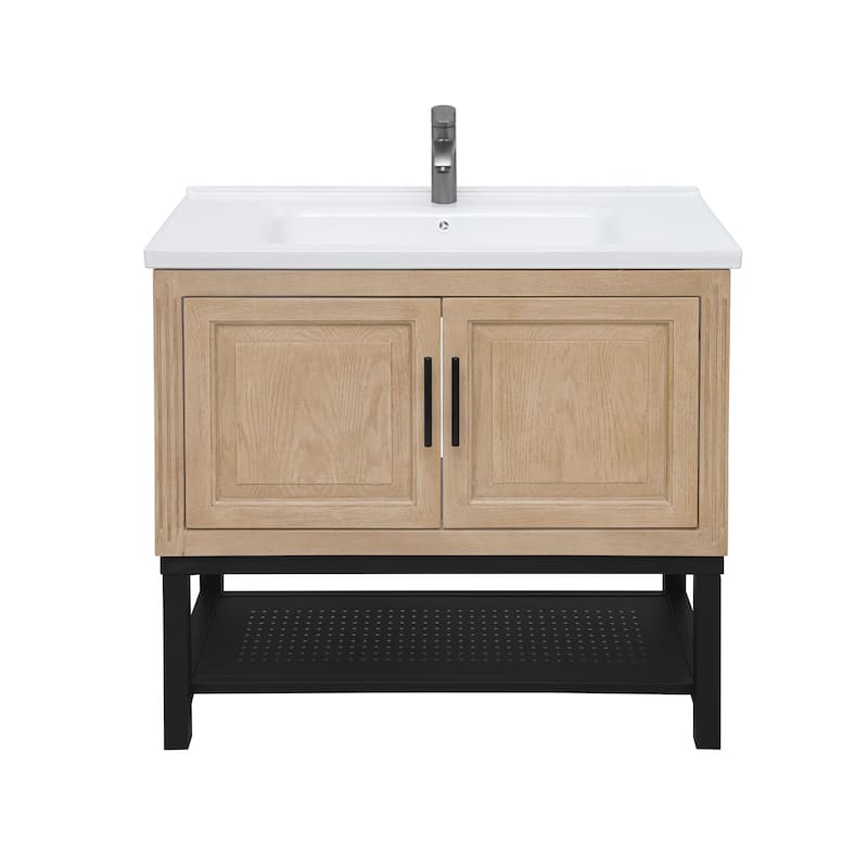 GDFStudio - CompactLine Modern Freestanding Bathroom Vanity with Ceramic Sink and Open Metal Shelf - 36 Inch