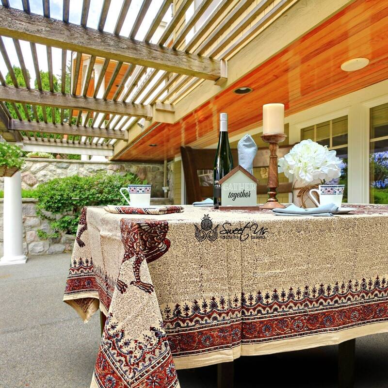 Block Print Veggie Dye Peacock Paradise Paisley Tablecloth Collection