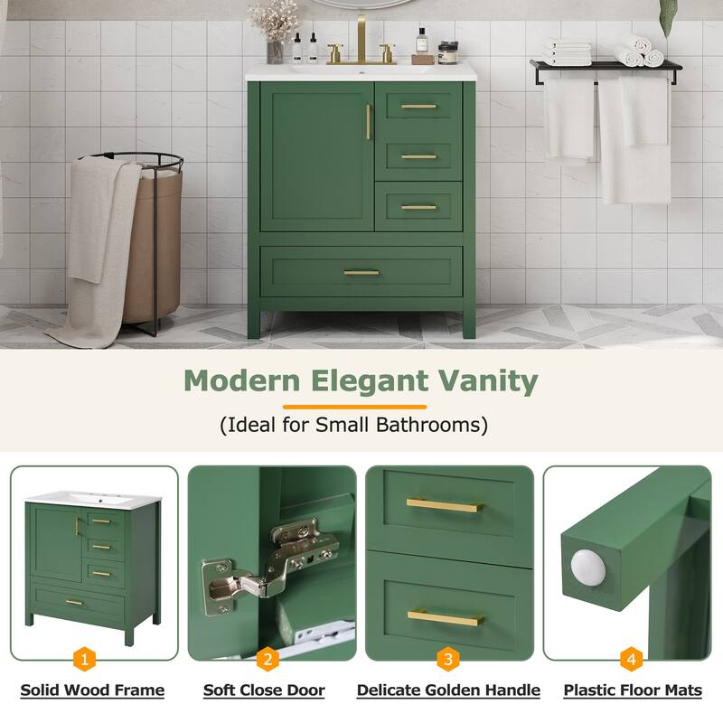 30" Green Bathroom Vanity with Ceramic Sink, Soft Close Door, 3 Drawers, Removable Tray & Solid Wood Frame