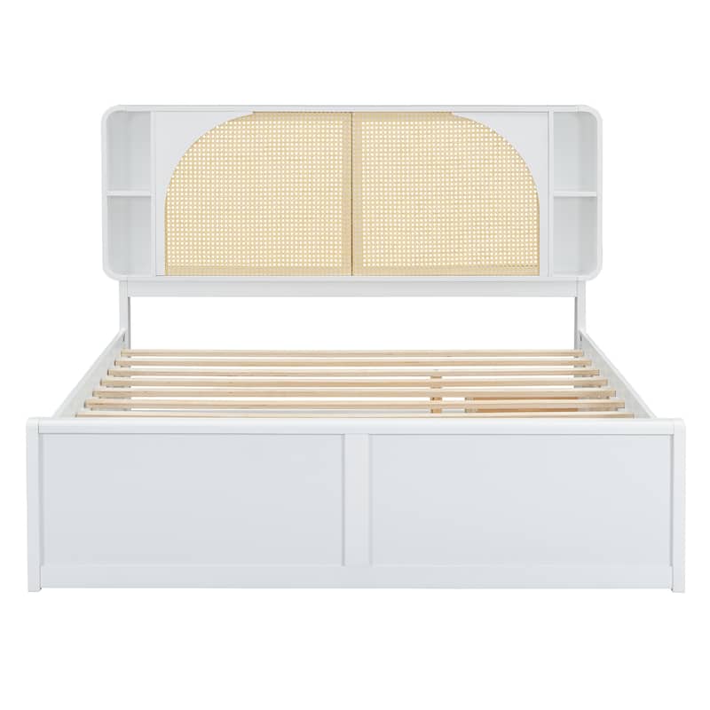 Queen Size Platform Bed with Rattan Headboard,Two Drawers and Trundle