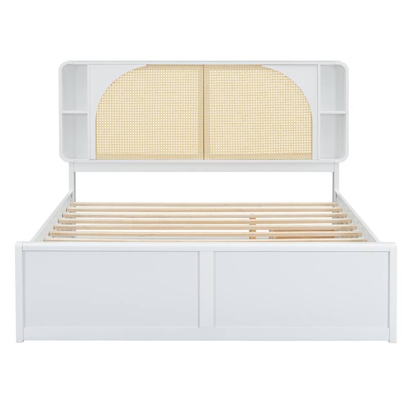 Rattan Queen Platform Bed Frame Boho Cane Storage Bed with 2 Storage Drawers, Trundle and Rattan Headboard