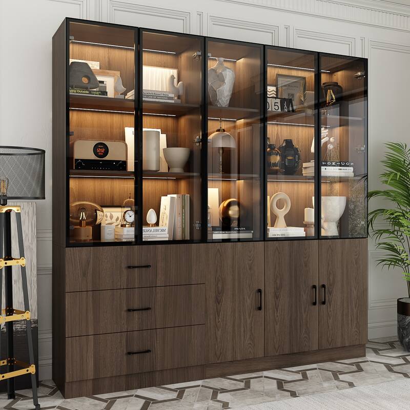 LED-Lit Wood Grain Cabinet - Configurable Storage for Home or Office