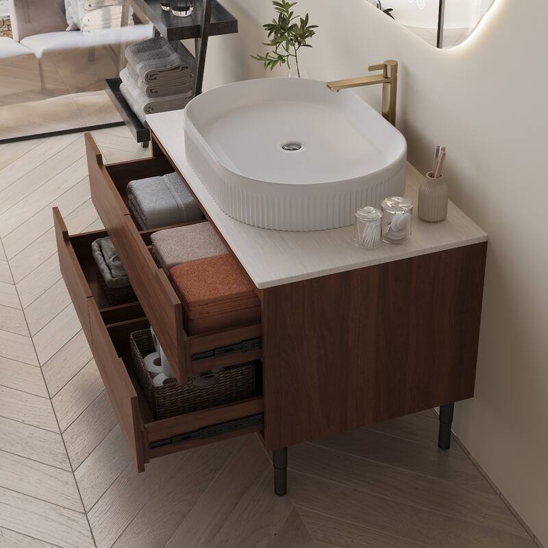 GDFStudio - Luxury 36" Floating/Freestanding Sintered Stone Bathroom Vanity with Ceramic Vessel Sink & Soft-Close Drawers