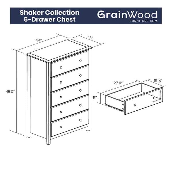 dimension image slide 2 of 4, Grain Wood Furniture Shaker 5-drawer Solid Wood Chest